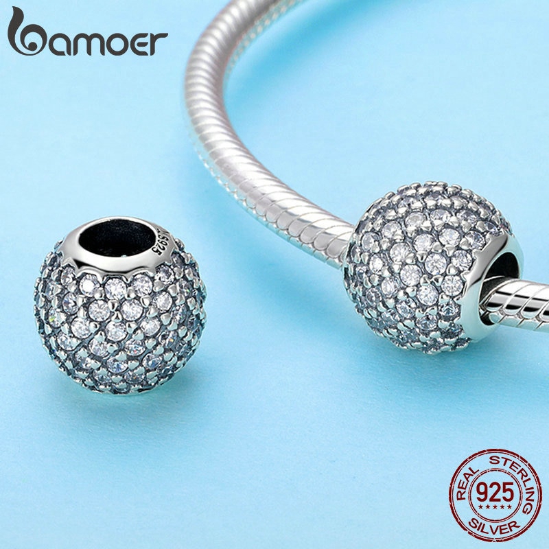 Hạt trang sức Bamoer SCC733 bằng bạc 925 hình tròn đính pha lê CZ làm trang sức cho nữ