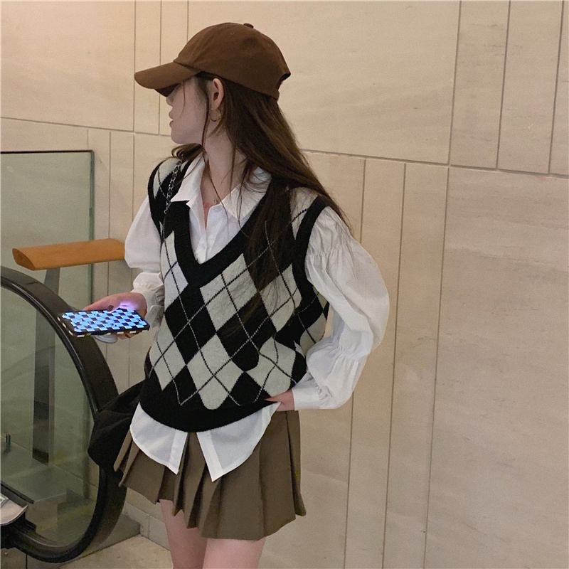 Áo gile len nữ ulzzang họa tiết ô trám chất len dệt kim đẹp áo len không tay cá tính - AL12 (sẵn) | BigBuy360 - bigbuy360.vn