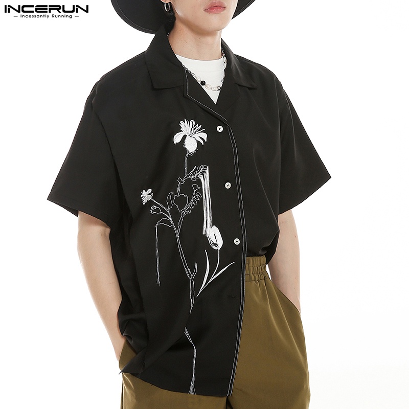 INCERUN Áo Sơ Mi Cổ Bẻ Tay Ngắn In Hoạ Tiết Đơn Giản Trẻ Trung Dành Cho Nam Giới