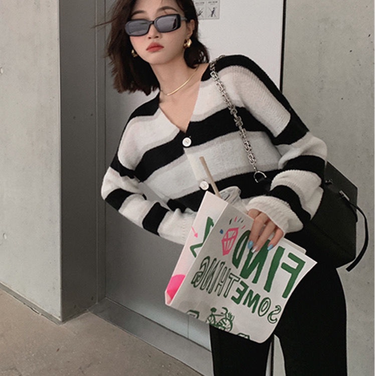 Áo cardigan Dệt Kim Kẻ Sọc Tay Dài Phong Cách Hàn Quốc Thời Trang Mùa Hè Cho Nữ