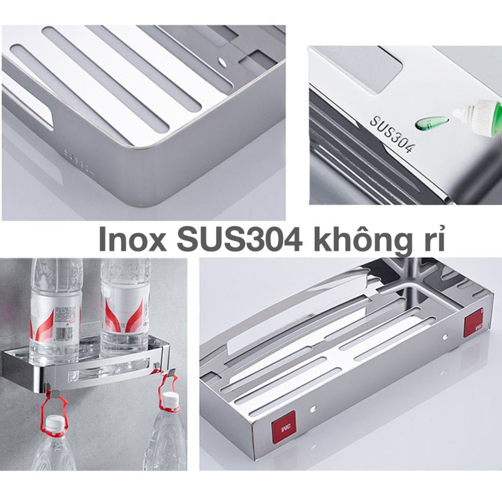 Kệ nhà tắm Inox 304 chữ nhật sáng bóng dán tường gạch men kèm keo dán