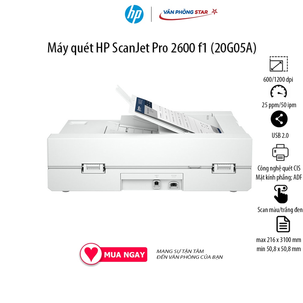 Máy quét HP ScanJet Pro 2600 f1 (20G05A) ADF; Công nghệ quét CIS; Mặt kính phẳng; Lên đến 25 ppm/50 ipm 1200 x 1200 dpi