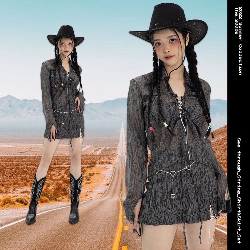 Set áo sơmi và chân váy dây đan xuyên thấu màu đen See-Through String Shirt&Skirt_Black