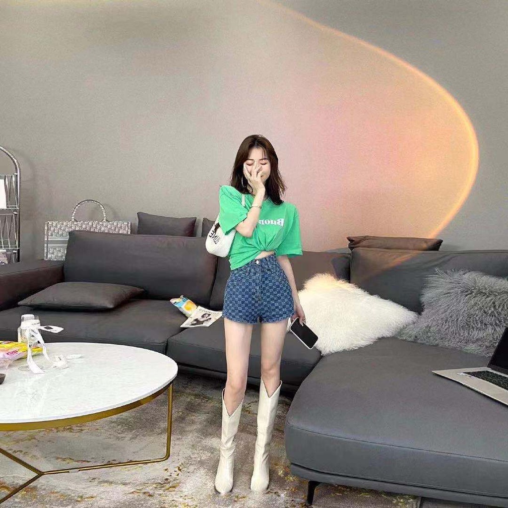 Quần Short Jean Lưng Cao Ống Rộng Có Họa Tiết Thời Trang Phong Cách Cho Nữ