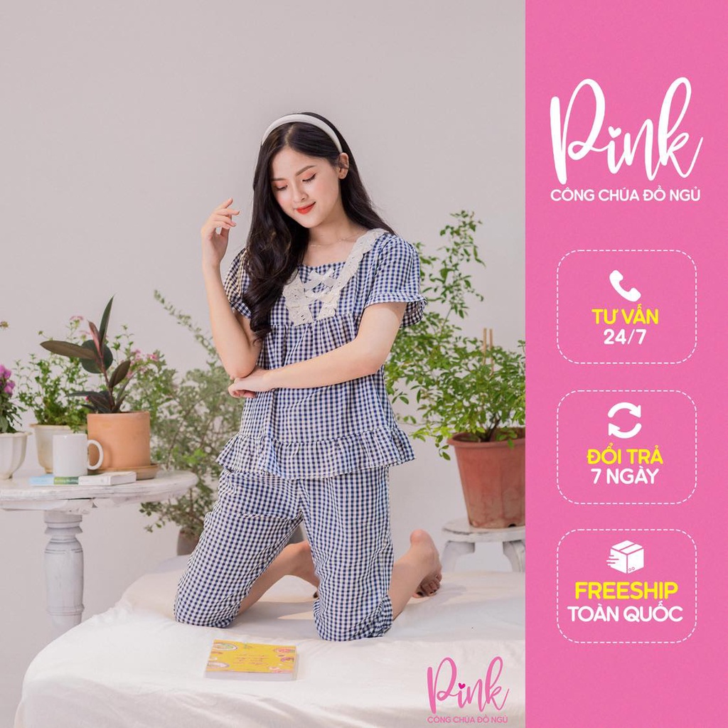 Đồ Bộ Pijama Nữ Họa Tiết Caro Xanh Tay Ngắn Quần Lửng Vải Kate Thoải Mái Thấm Hút Mồ Hôi Phong Cách Trẻ Trung Nữ Tính