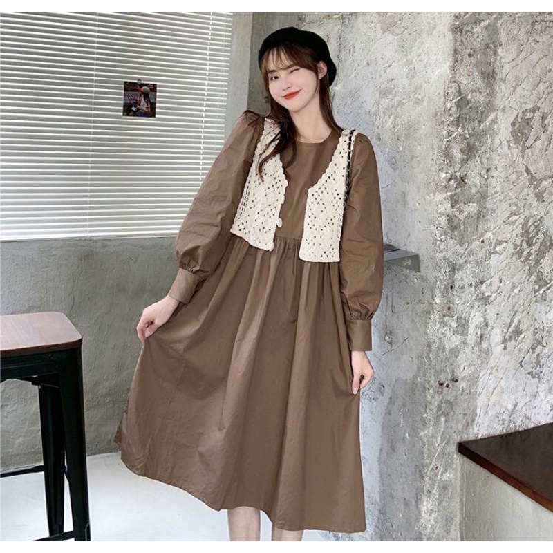 Set Đầm Babydoll Phối Áo Gile Len Hoa Nổi, Phong Cách Retro