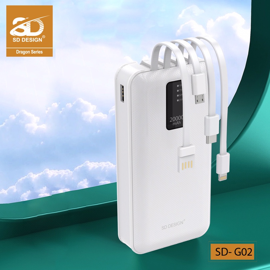 Sạc dự phòng G02 4 cổng chính hãng SD DESIGN dung lượng 20.000 mAh với đầy đủ chân sạc cho iphone, samsung, xiaom