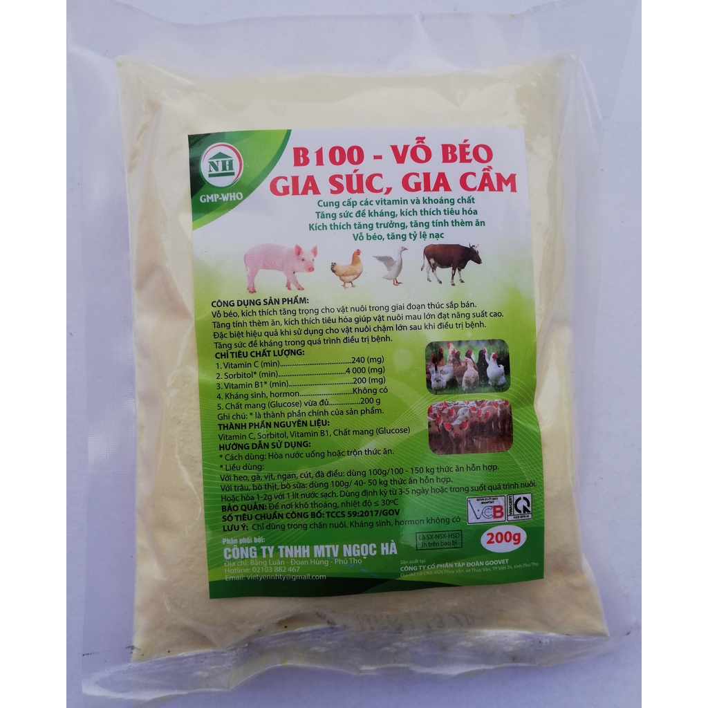 1 Gói B100 - VỖ BÉO TRÂU, BÒ, GIA SÚC, GIA CẦM 200g Kích thích tăng trọng, tăng tính thèm ăn, vỗ béo, tăng tỷ lệ nạc