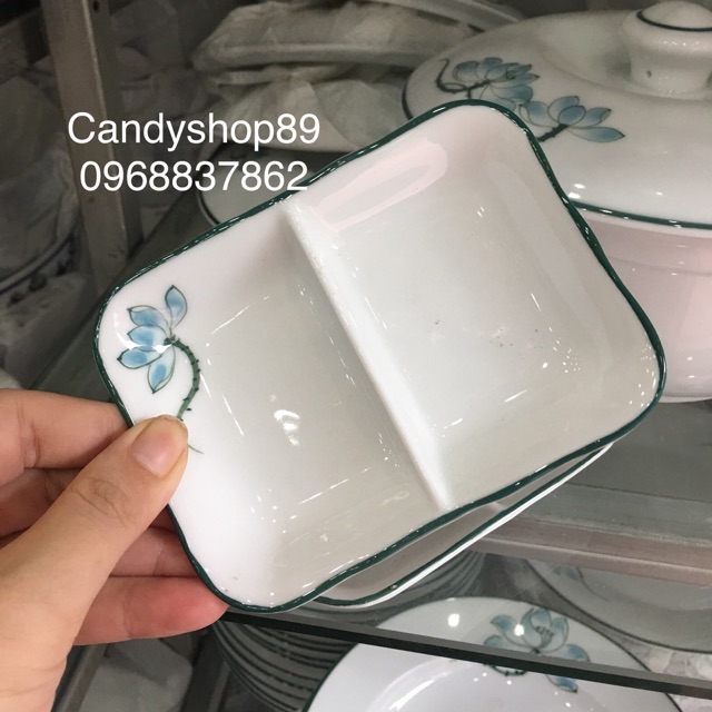 Đĩa gia vị 2 ngăn hàng vẽ tay - Bộ đồ ăn cao cấp Bát Tràng
