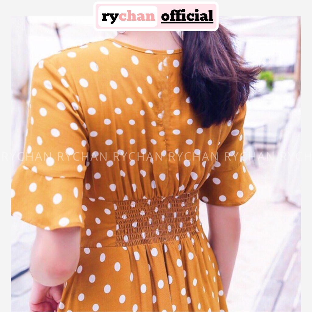 DX656 - Đầm Xòe Chấm Bi Nhún Lưng Tay Bèo