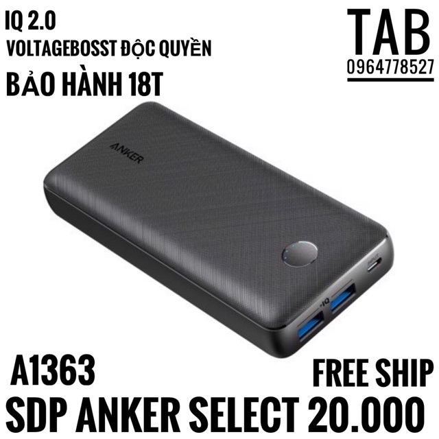 [Mã 66ELHASALE hoàn 7% đơn 500K] Sạc Dự Phòng Anker PowerCore Select 20.000 mAh - Bảo Hành 18T (A1363)