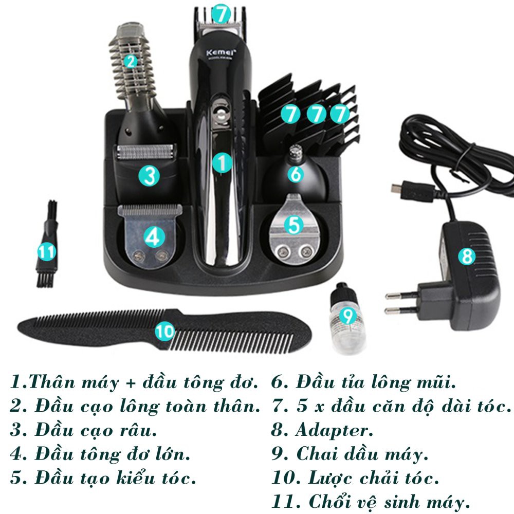 Bộ kit đa năng tông đơ cắt tóc, tỉa lông mũi, khắc tóc, cạo, tỉa lông 6in1 giành cho Nam Kemei KM-600 Nét Ta bảo hành