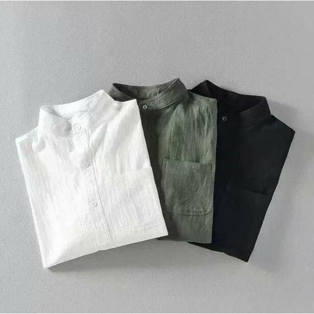 Áo Sơ Mi Vải Lanh Cotton Mỏng Dáng Rộng Cổ Đứng 3 Màu Kiểu Retro Thời Trang Nam Cá Tính M-3XL