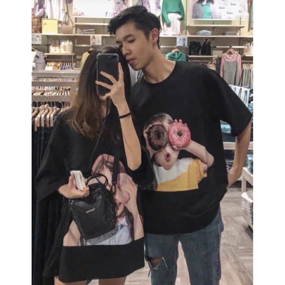 Áo thun tay lỡ ADLV cô bé ,cậu bé cầm bánh , tay lỡ from rộng ,phông nam nữ unisex