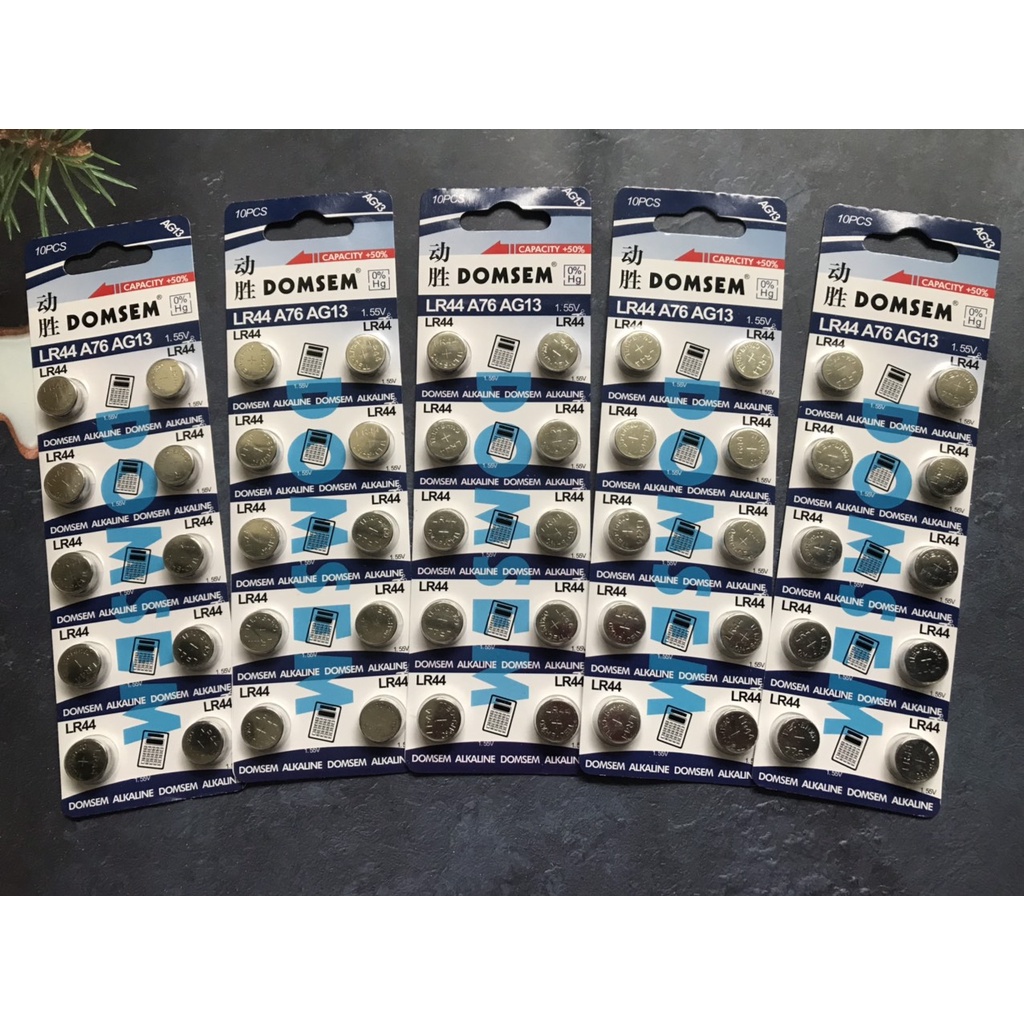 Combo 5 vỉ 50 viên pin Domsem đồng hồ AG13 - SR44SW - SR44 - A76 - LR44W - L44F chính hãng