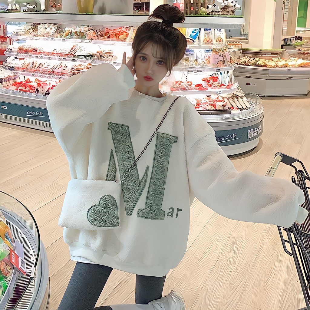 Áo Sweater Nữ Lông Mịn Thêu Trái Tim Kèm Túi Chéo 2 Màu - Áo Thun Dáng Thụng Cổ Tròn Dài Tay G0245