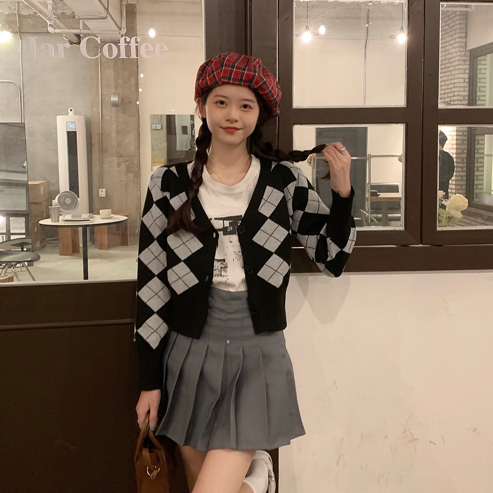 SUXI Áo Khoác Cardigan Dệt Kim Tay Dài Cổ Chữ V Kẻ Sọc Ca Rô Dáng Ôm Thời Trang Mùa Thu Cho Nữ