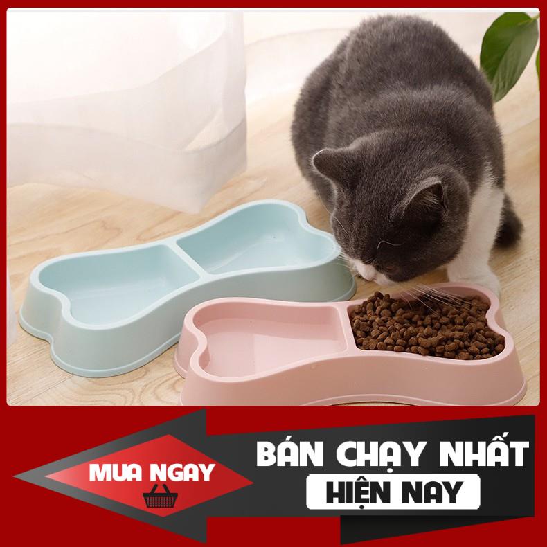 Giao hỏa tốc - Bát ăn cho chó mèo 2 ngăn hình xương - Chén đựng thức ăn, uống nước cho chó mèo