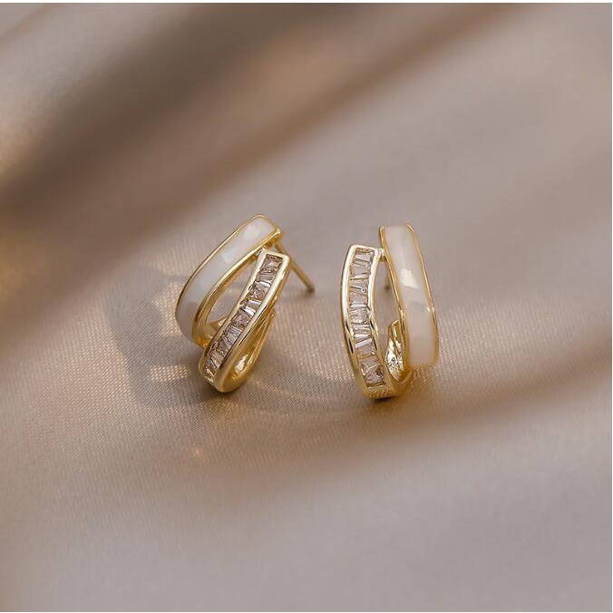 Bông Tai Mạ Bạc Hai Lớp Đính Đá Zircon Đơn Giản Phong Cách Hàn Quốc