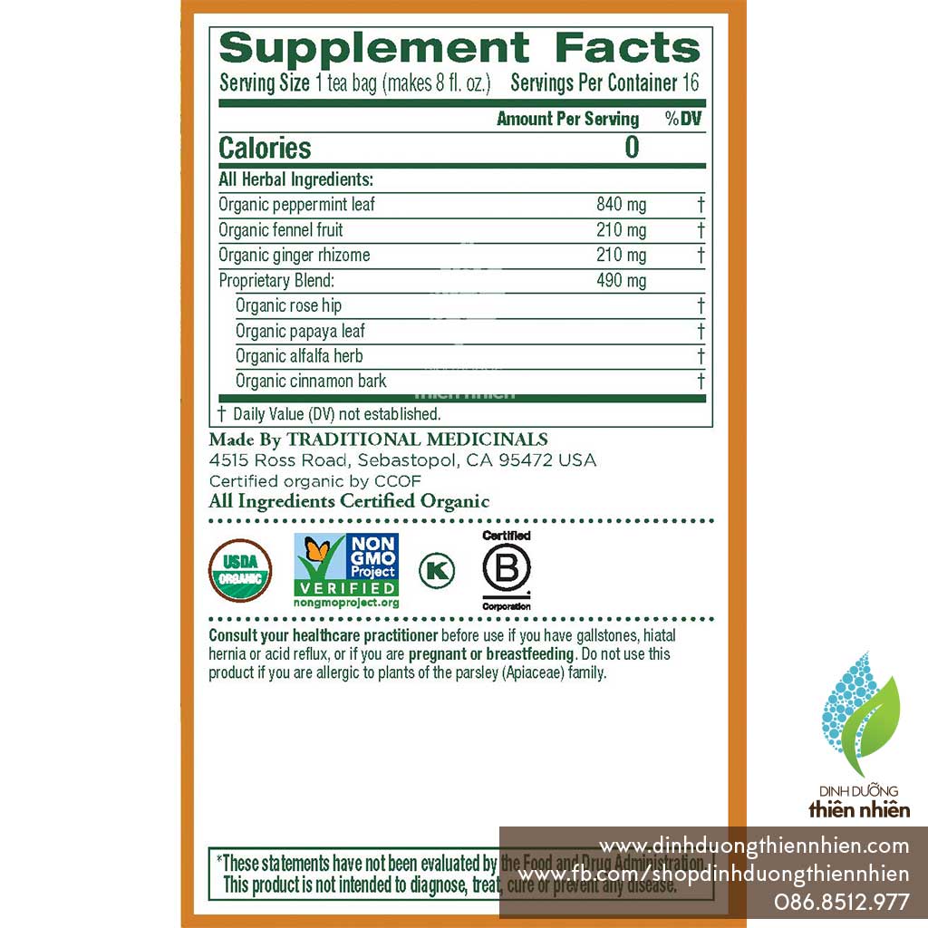 Trà Hữu Cơ Giúp Cho Hệ Tiêu Hoá Khoẻ Mạnh, Vị Bạc Hà Traditional Medicinals Organic Belly Comfort Peppermint Tea