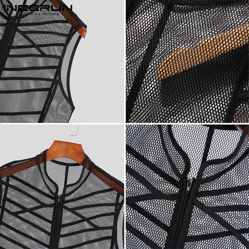 Áo khoác ghi lê INCERUN dạng lưới không tay khoét lỗ có khóa kéo thời trang dành cho nam