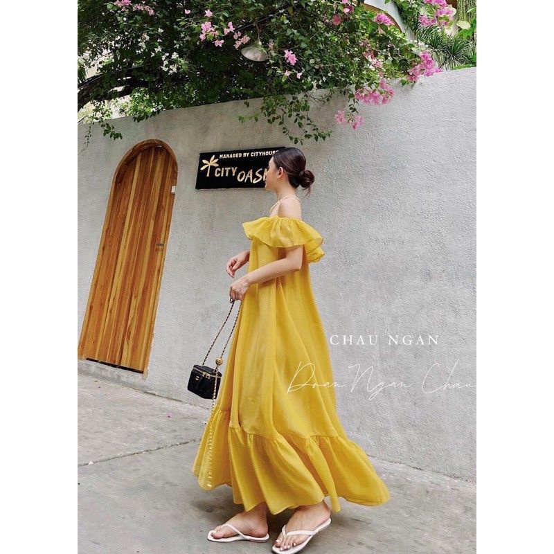 [FREESHIP] Đầm tiểu thư bẹt vai phối bèo hai lớp nhiều màu thả dáng siêu xinh