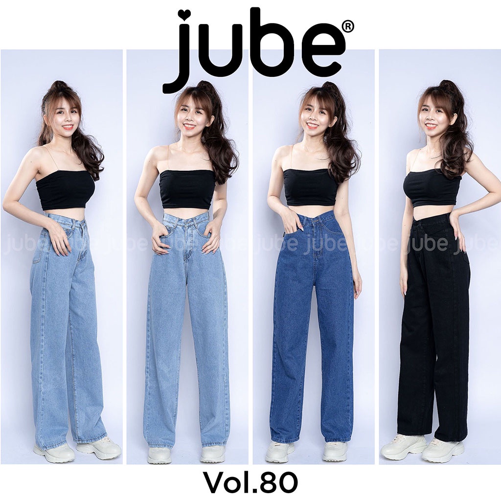 Quần Jean Nữ Ống Rộng Lưng Cao JUBE Vol.80, Quần Baggy Nữ Trơn Basic Phom Ống Suông Dài Phủ Gót, BST