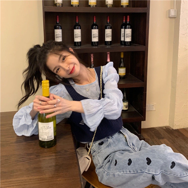 COZOK Set áo sơ mi voan tay dài và áo len không tay phong cách Hàn Quốc