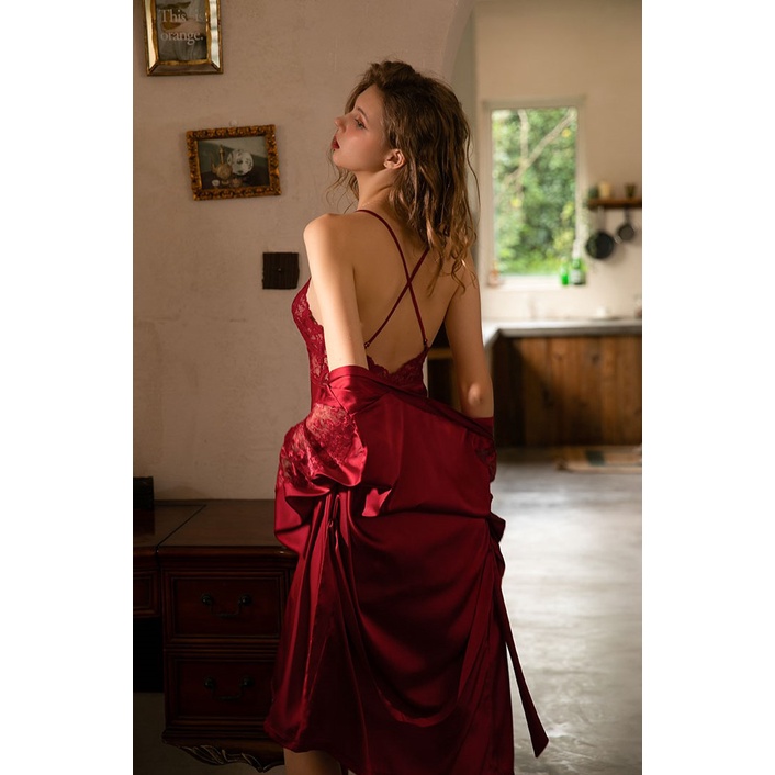 [Hình Thật] SET Váy Ngủ Lụa Kèm Choàng Ren Cao Cấp, Váy Ngủ Lụa Hở Lưng Sexy