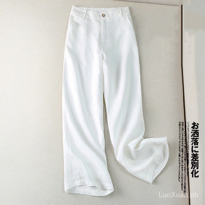 Quần Dài Cotton Lanh Ống Rộng Lưng Thun Co Giãn Thời Trang Cho Nữ