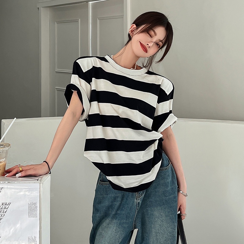 Áo Thun Ngắn Tay Cổ Tròn Họa Tiết Kẻ Sọc Thời Trang Trẻ Trung