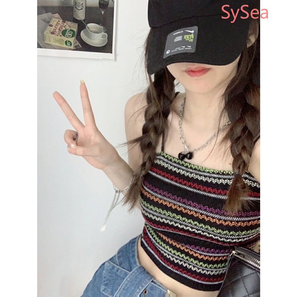 Áo Hai Dây Dệt Kim Kẻ Sọc Nhiều Màu Phong Cách Retro Cho Nữ