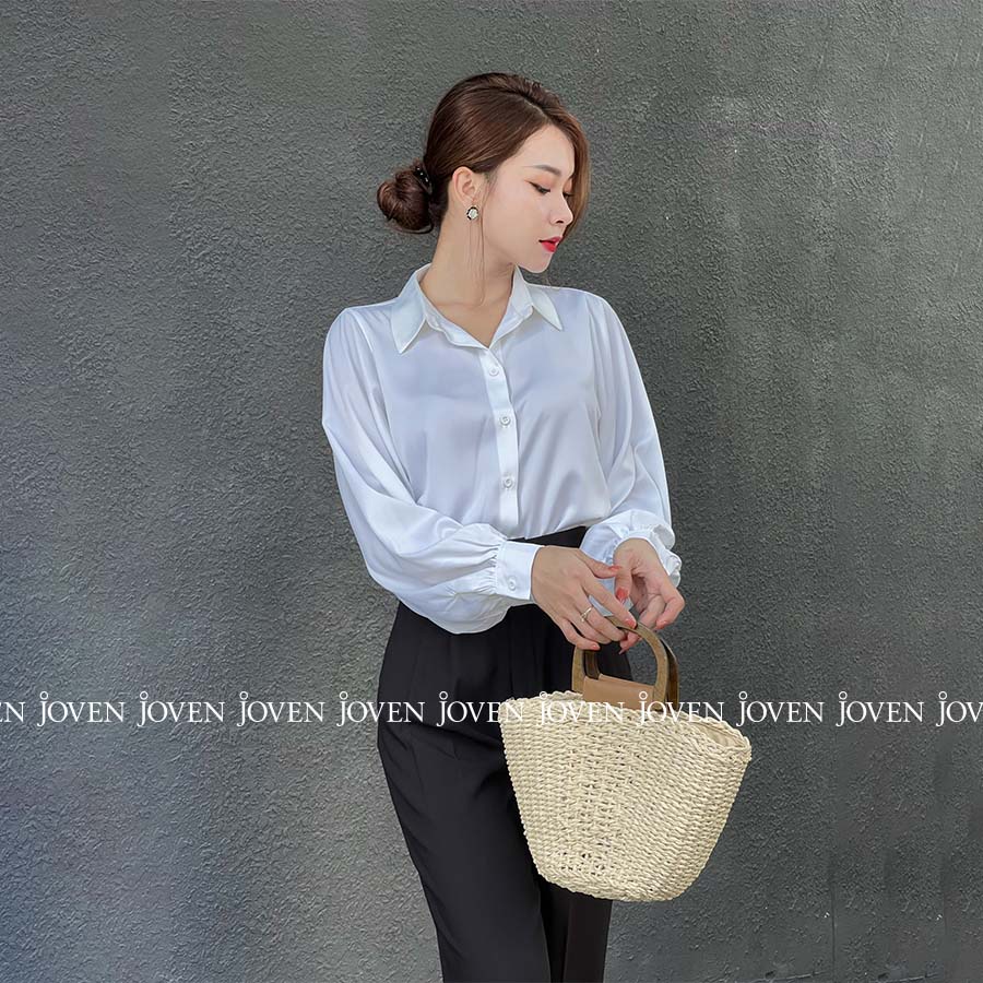 Áo sơ mi lụa công sở dài tay bo viền HK  chất mềm mịn màu basic dễ phối Joven