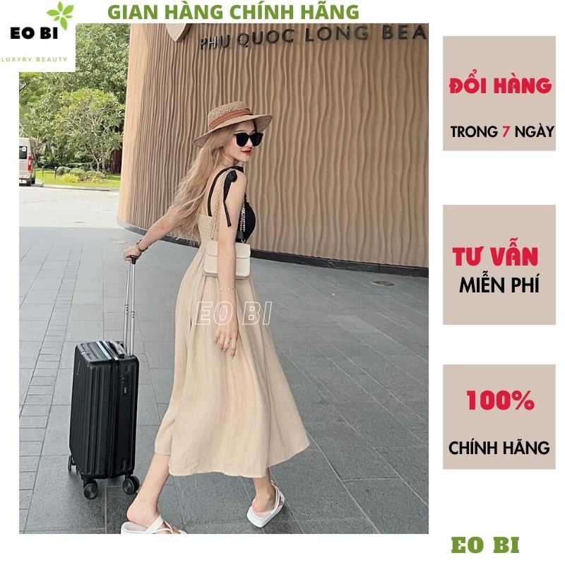 Đầm Maxi 2 Dây Ngực Trái Tim Lưng Chun - Váy Nữ Dáng Dài Vải Đũi Phối Màu đi biển đi chơi bồng bềnh - EOBISHOP