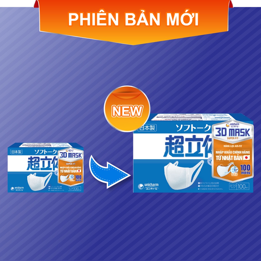 Khẩu trang Unicharm 3D Mask Super Fit siêu thoáng khí hộp 100 miếng