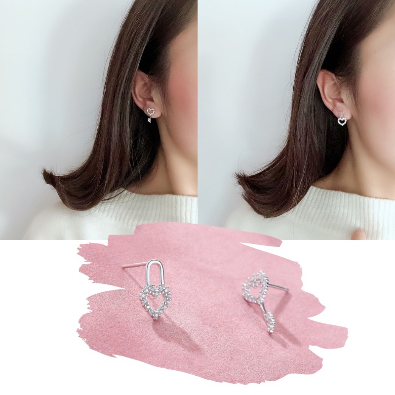Bông Tai Bạc S925 Mở Khóa Trái Tim Đính Đá Zircon Bất Đối Xứng | Khuyên Tai Nữ Trang Sức Bạc Chìa Khóa &amp; Ổ Khóa