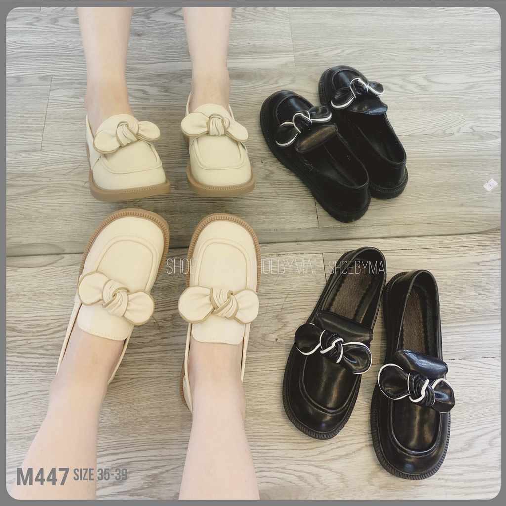 Giày đế bằng nơ Anh reto da lì mềm M447