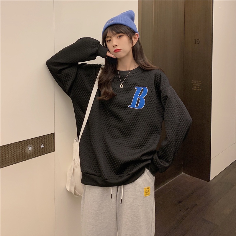 Áo thun / Áo sweater tay dài cổ tròn dáng rộng thêu chữ cái năng động dễ phối đồ