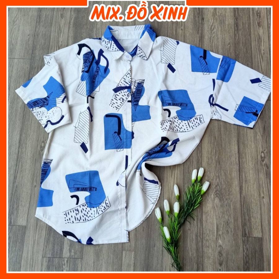 Áo sơ mi nữ form rộng tay lỡ Thu Hà sơ mi đũi freesize chất liệu mịn mát in hình Ô Xanh Trắng
