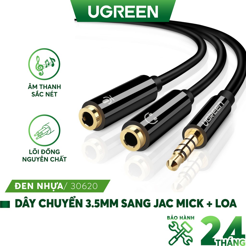 Dây chuyển đổi 3.5mm sang hai đầu 3.5mm cái (Hỗ trợ mic + tai nghe) dài 20cm UGREEN AV141