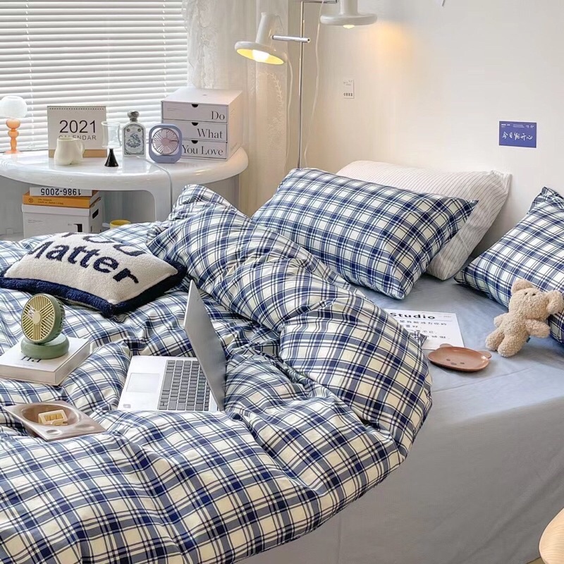 Bộ Chăn Ga Gối ❤️ Cotton living 100% cao cấp đủ size ga giường họa tiết kẻ miễn phí bo chun nhập khẩu Hàn Quốc