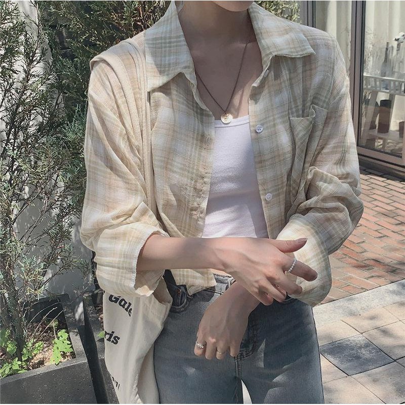 Áo Sơ Mi Ca Rô Dài Tay Cổ Polo Phong Cách Hàn Quốc Mới 45108