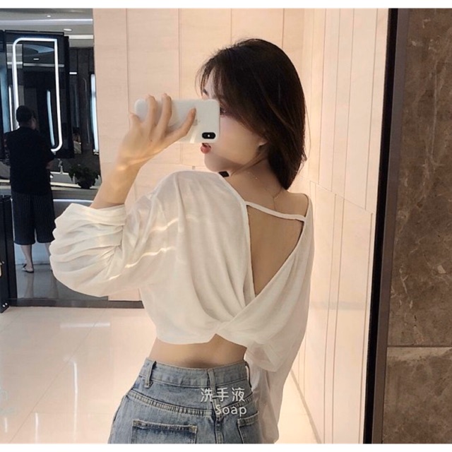 Áo thun kiểu croptop đắp chéo ngực tay dài hở lưng V phối dây (NC)