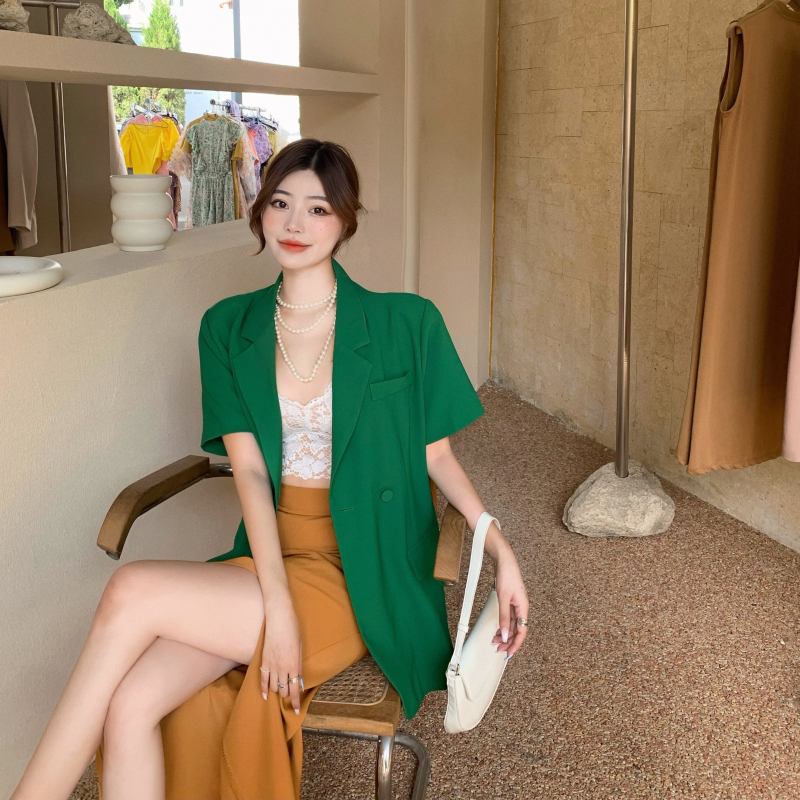 Bộ Áo Khoác Vest Phối Ren + Chân Váy Xinh Xắn Theo Phong Cách Hàn Quốc Dành Cho Nữ