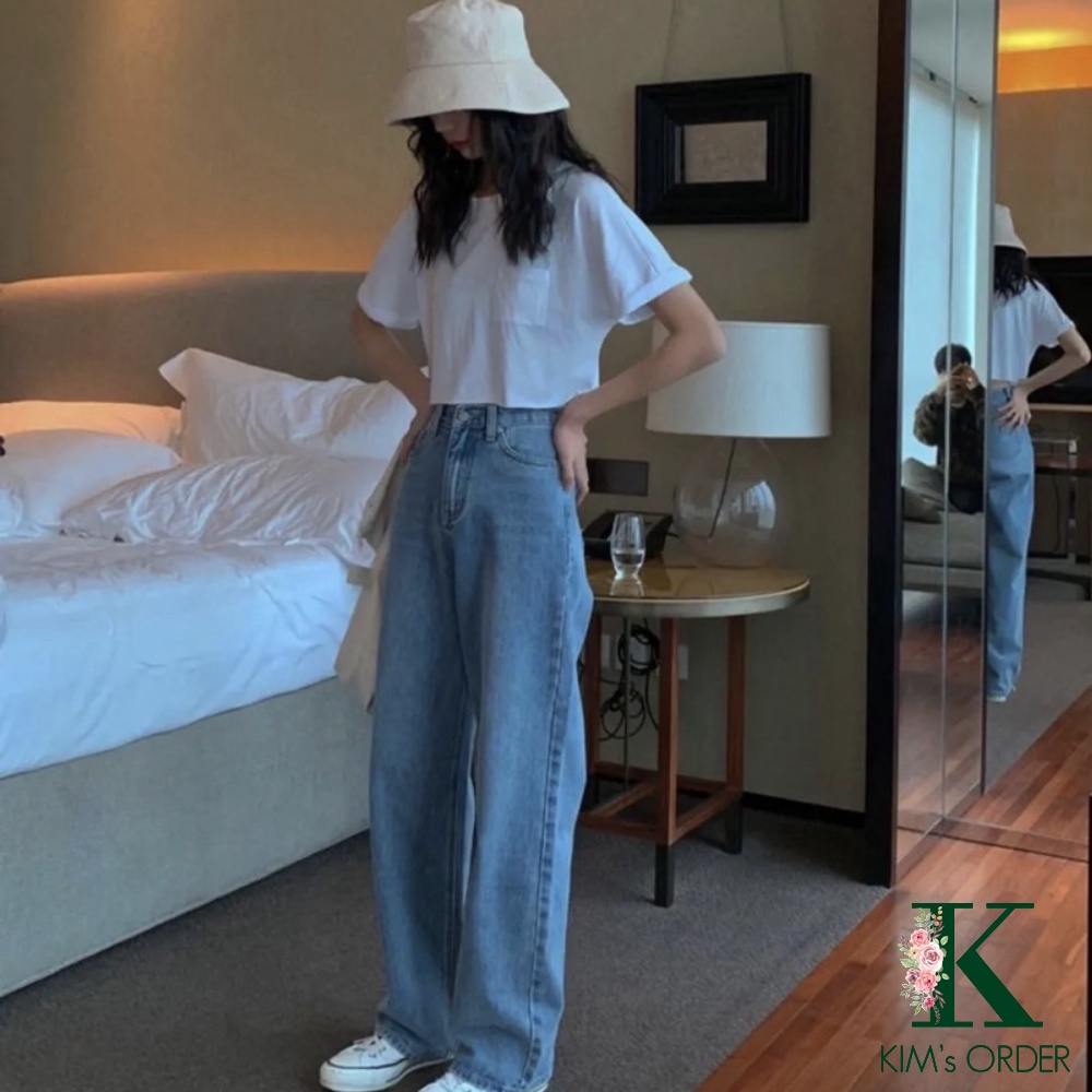 Quần Jean nữ ống suông trơn dài màu xanh nhạt basic lưng cao xu hướng thời trang Hàn Quốc đi học đi làm đi chơi