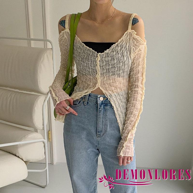 Áo thun tay dài màu trơn xẻ tà thời trang dành cho nữ