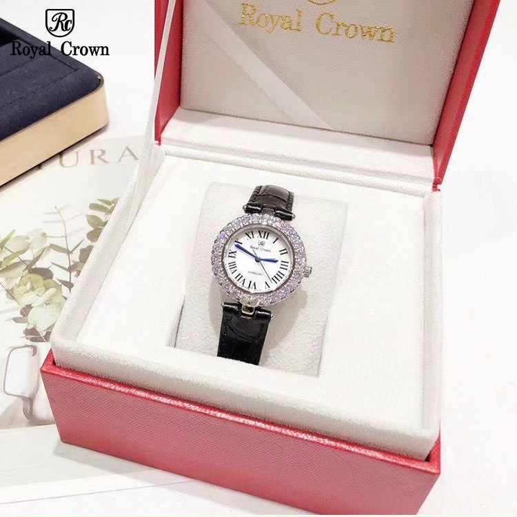 Đồng hồ nữ dây da, đồng hồ đeo tay nữ ROYAL CROWN viền đá cao cấp, sáng lấp lánh phong cách sang chảnh, giá siêu rẻ