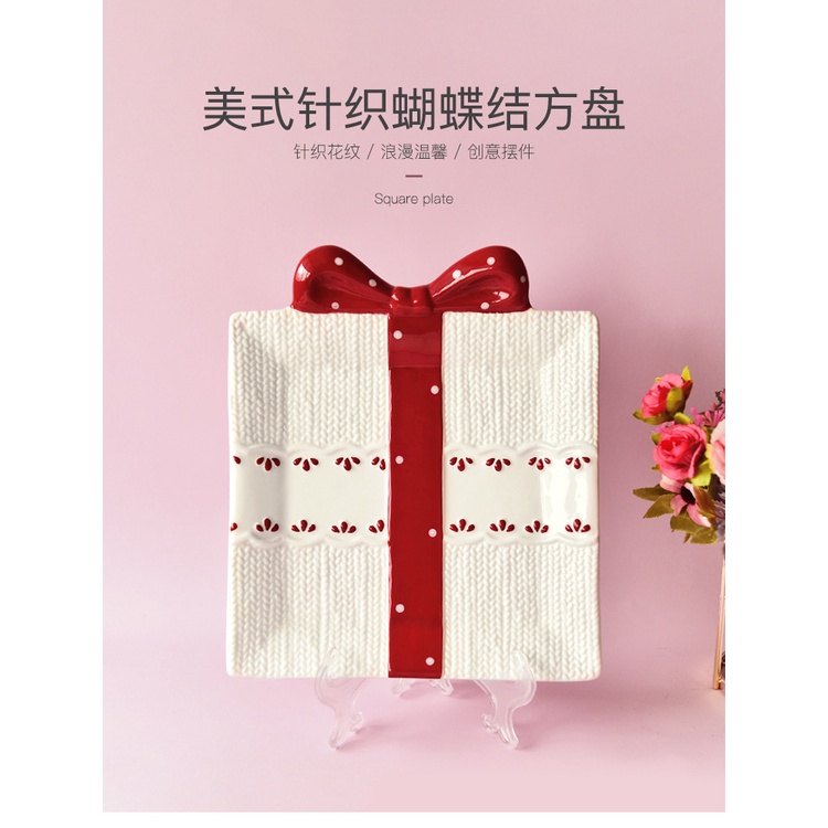 ❤Đĩa Đựng Bánh Kẹo/ Món Tráng Miệng Hình Vuông Thắt Nơ Đa Năng Dùng Làm Quà Tặng