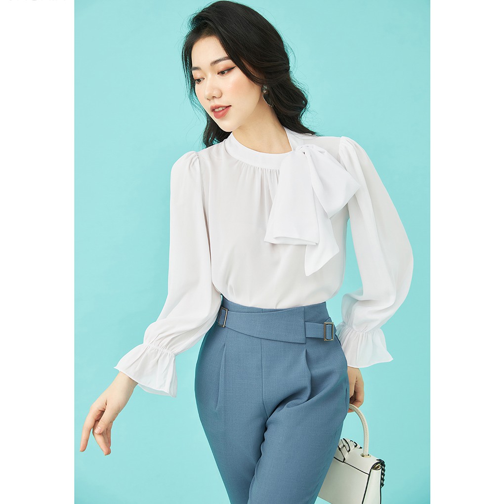 Áo sơ mi nữ công sở 92WEAR 2 màu, thiết kế buộc nơ cổ ASA1039