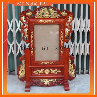Khung ảnh bàn thờ gia tiên trạm khắc tứ linh rát vàng gỗ hương 2 cỡ ảnh thờ